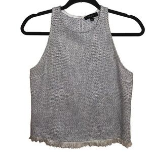 Anthropologie Drew Sleeveless Top Size XS Blue White Tweed Blouse Fringe Hem USA